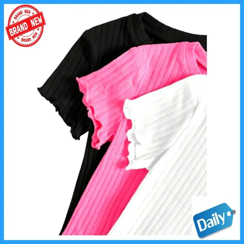 Girls 3-Pack Rib-Knit Crop Tees with Lettuce Trim Short Sleeve